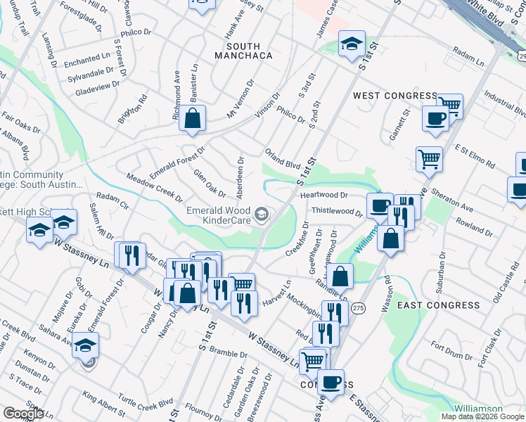 map of restaurants, bars, coffee shops, grocery stores, and more near 5112 South 1st Street in Austin