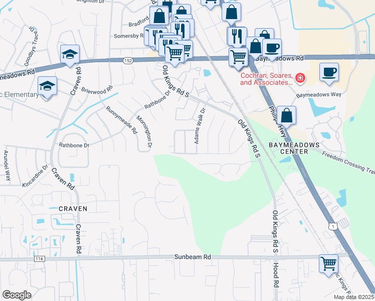 map of restaurants, bars, coffee shops, grocery stores, and more near 8995 Bensalem Drive in Jacksonville