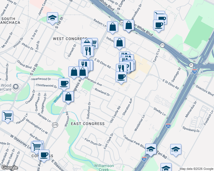 map of restaurants, bars, coffee shops, grocery stores, and more near 208 Sheraton Avenue in Austin