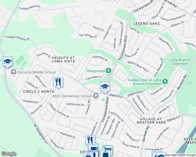 map of restaurants, bars, coffee shops, grocery stores, and more near 6316 Farmdale Lane in Austin