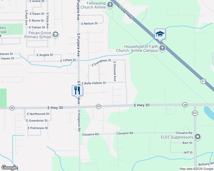 map of restaurants, bars, coffee shops, grocery stores, and more near 1824 East Belle Helene Street in Gonzales