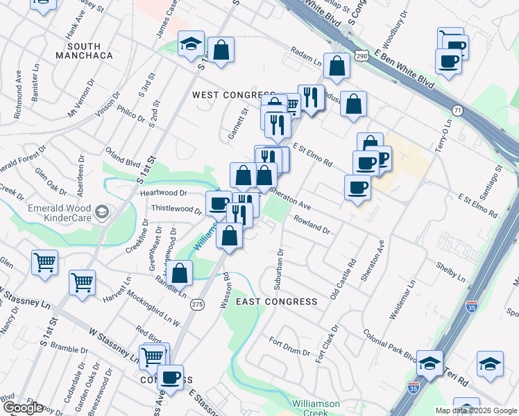 map of restaurants, bars, coffee shops, grocery stores, and more near 4715 South Congress Avenue in Austin