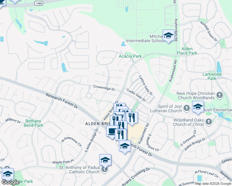 map of restaurants, bars, coffee shops, grocery stores, and more near 15 East Sienna Place in Spring
