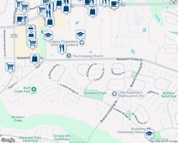 map of restaurants, bars, coffee shops, grocery stores, and more near 159 West Sundance Circle in Spring