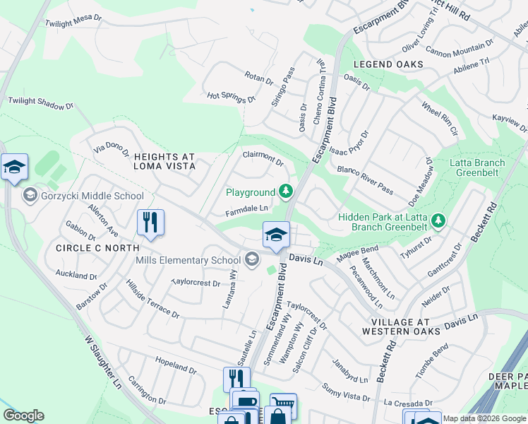 map of restaurants, bars, coffee shops, grocery stores, and more near 6316 Farmdale Lane in Austin