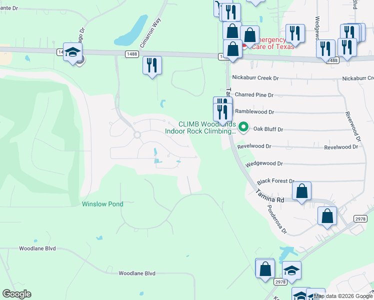 map of restaurants, bars, coffee shops, grocery stores, and more near 10151 Cimarron Canyon Lane in Magnolia