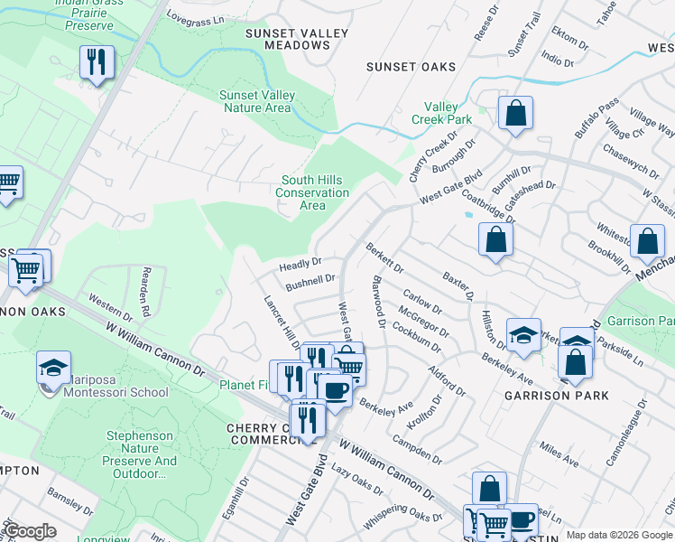 map of restaurants, bars, coffee shops, grocery stores, and more near 6305 Bexton Circle in Austin