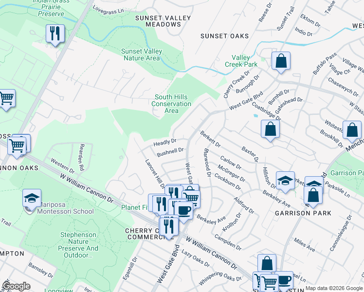 map of restaurants, bars, coffee shops, grocery stores, and more near 6305 Bexton Circle in Austin