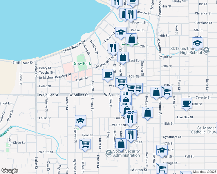 map of restaurants, bars, coffee shops, grocery stores, and more near 205 West 11th Street in Lake Charles