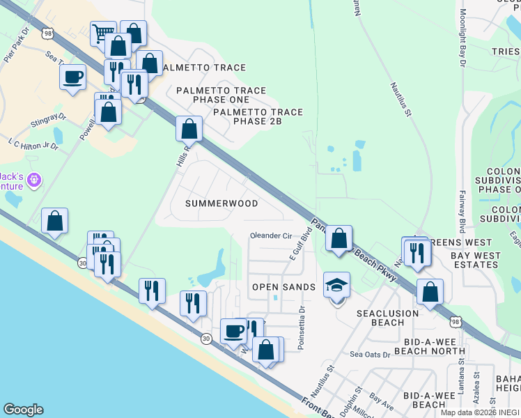 map of restaurants, bars, coffee shops, grocery stores, and more near 113 Beachwood Drive in Panama City Beach
