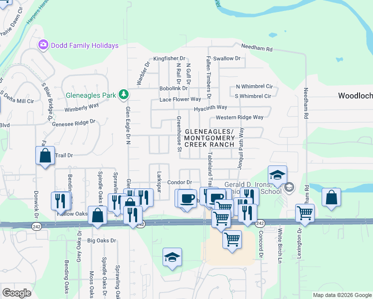 map of restaurants, bars, coffee shops, grocery stores, and more near 16862 Blackberry Lily Lane in The Woodlands