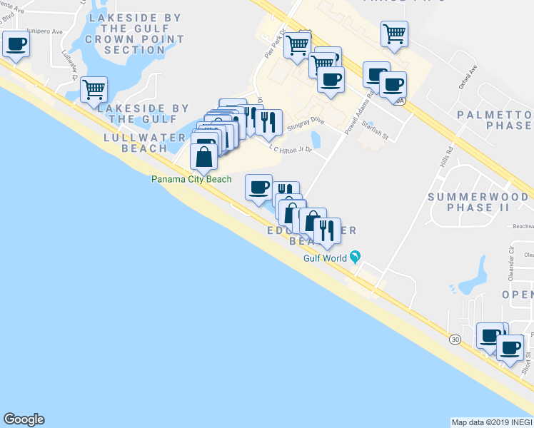 map of restaurants, bars, coffee shops, grocery stores, and more near 15811 Front Beach Road in Panama City Beach