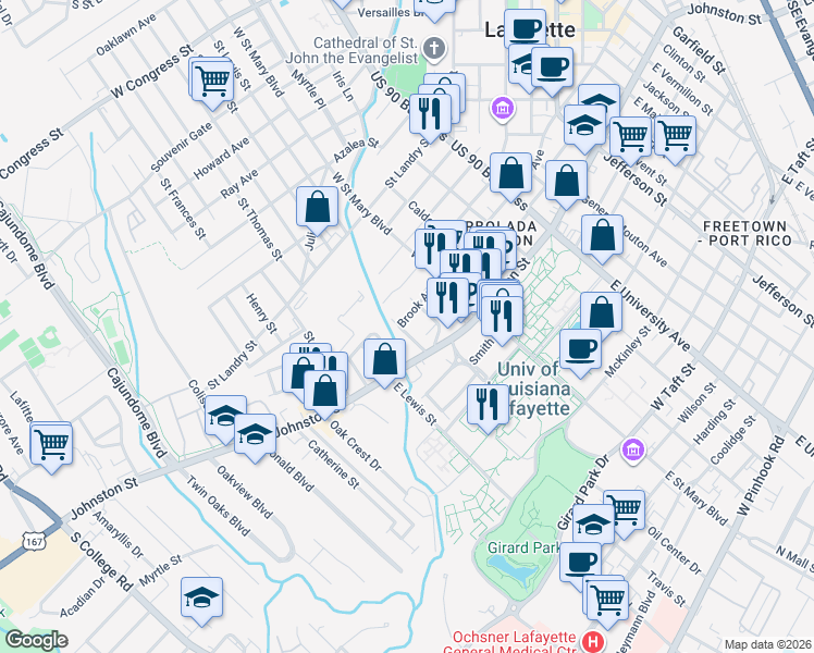 map of restaurants, bars, coffee shops, grocery stores, and more near 504 Brook Avenue in Lafayette