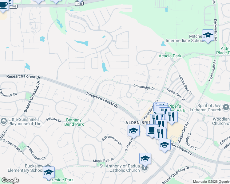 map of restaurants, bars, coffee shops, grocery stores, and more near 46 Timberstar Street in Spring