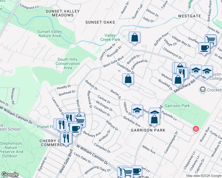 map of restaurants, bars, coffee shops, grocery stores, and more near 2601 Amur Drive in Austin