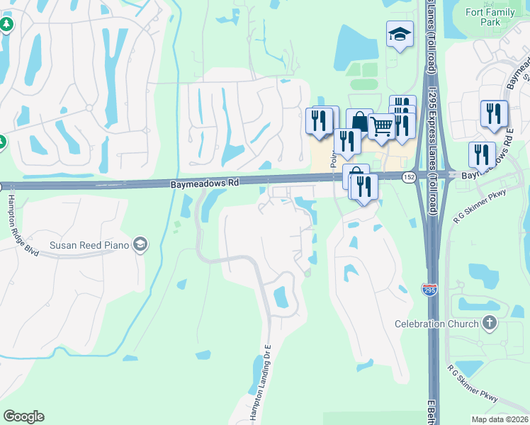 map of restaurants, bars, coffee shops, grocery stores, and more near 10550 Baymeadows Road in Jacksonville
