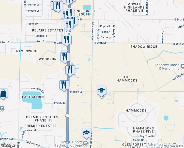 map of restaurants, bars, coffee shops, grocery stores, and more near 2905 Minnesota Avenue in Lynn Haven