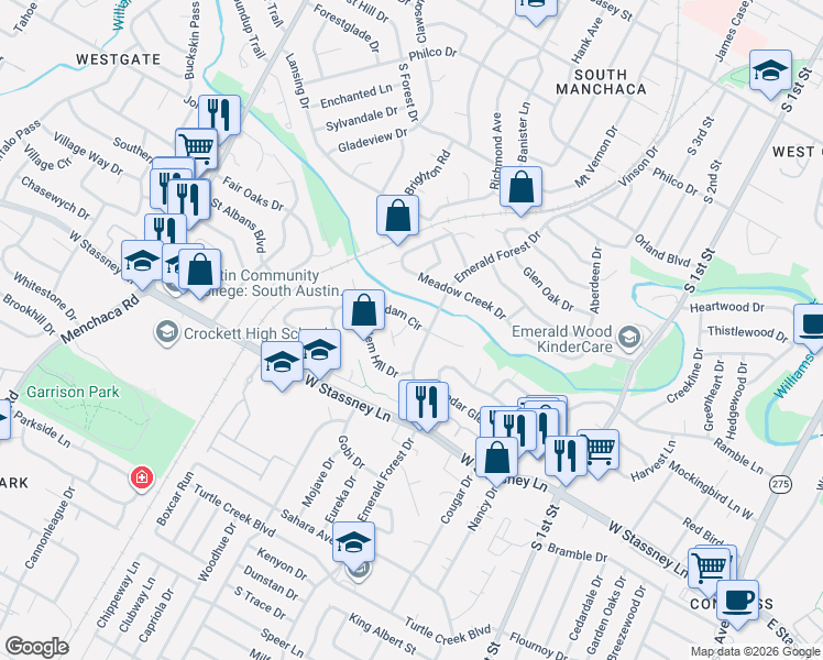 map of restaurants, bars, coffee shops, grocery stores, and more near 1211 Radam Circle in Austin