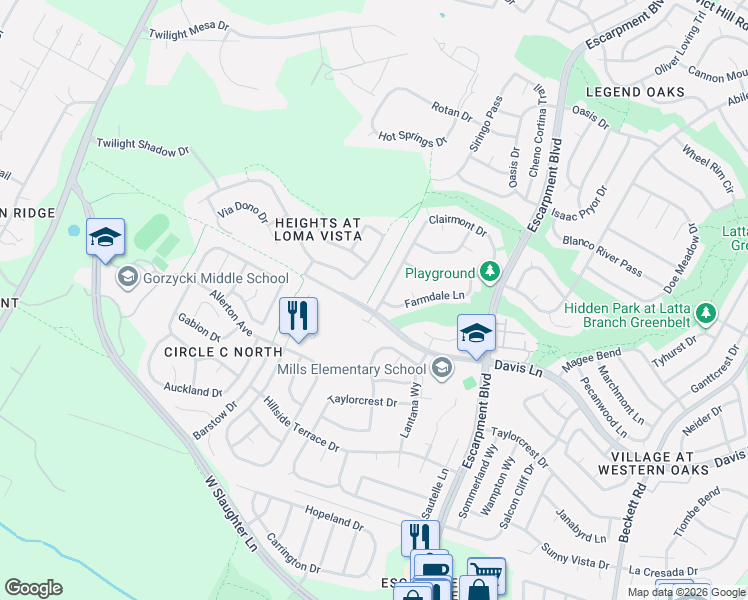 map of restaurants, bars, coffee shops, grocery stores, and more near 6542 Clairmont Drive in Austin