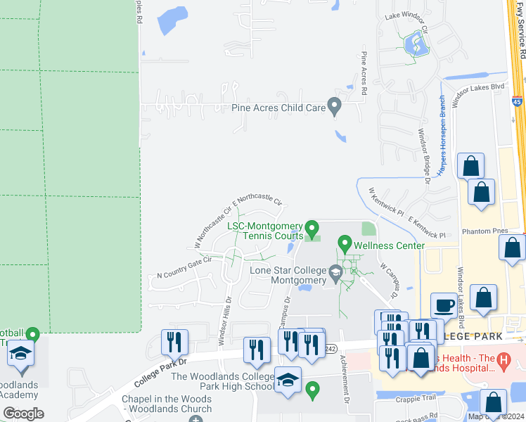 map of restaurants, bars, coffee shops, grocery stores, and more near Wilmington Way in Conroe