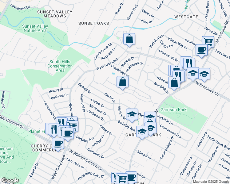 map of restaurants, bars, coffee shops, grocery stores, and more near 2428 Amur Drive in Austin