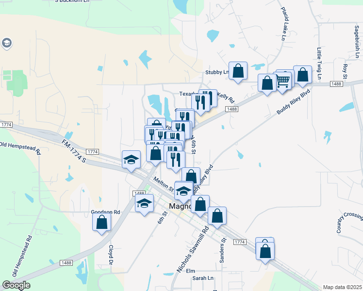 map of restaurants, bars, coffee shops, grocery stores, and more near 18423 Farm to Market Road 1488 in Magnolia