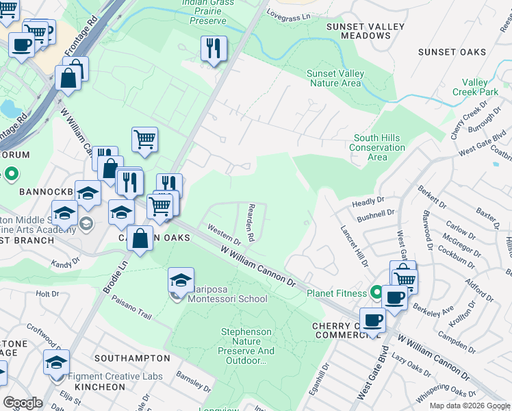 map of restaurants, bars, coffee shops, grocery stores, and more near 6708 Lost Valley in Austin