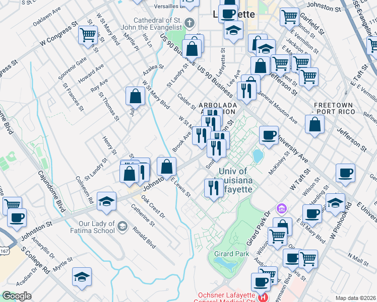 map of restaurants, bars, coffee shops, grocery stores, and more near 120 Mildred St in Lafayette