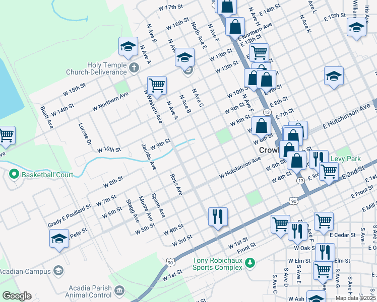 map of restaurants, bars, coffee shops, grocery stores, and more near 700-790 West 8th Street in Crowley