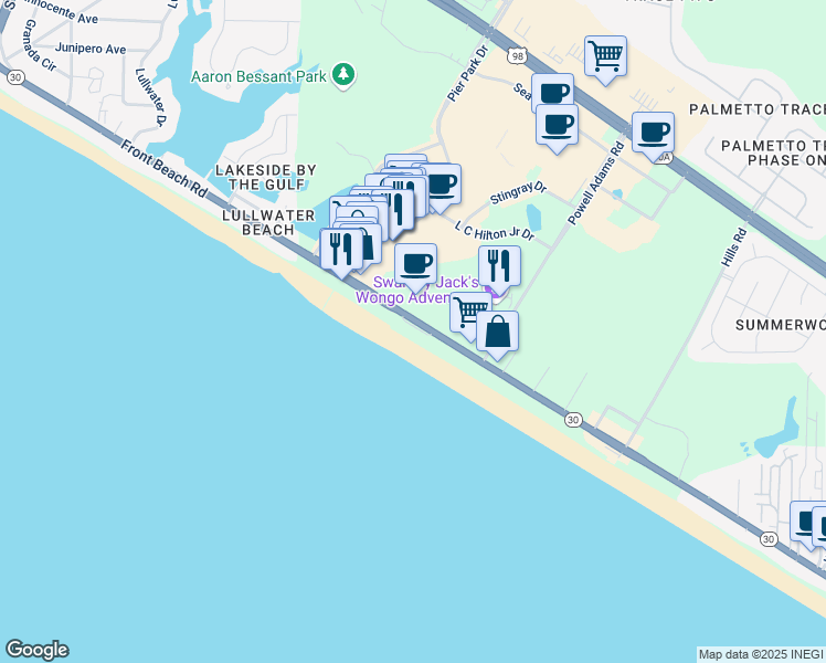 map of restaurants, bars, coffee shops, grocery stores, and more near 15817 Front Beach Road in Panama City Beach