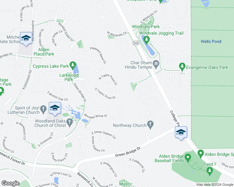 map of restaurants, bars, coffee shops, grocery stores, and more near 99 Bristol Oak Circle in Spring