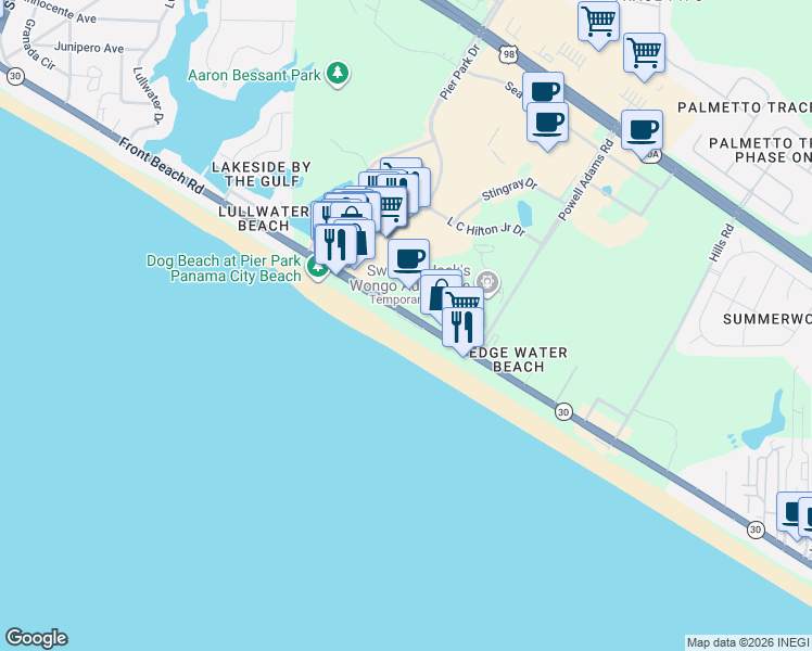 map of restaurants, bars, coffee shops, grocery stores, and more near 15817 Front Beach Road in Panama City Beach