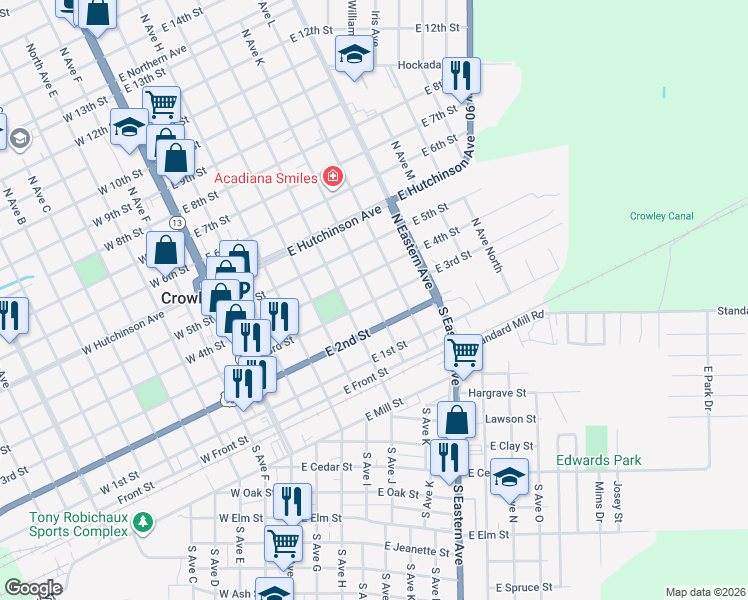 map of restaurants, bars, coffee shops, grocery stores, and more near 301 North Avenue K in Crowley
