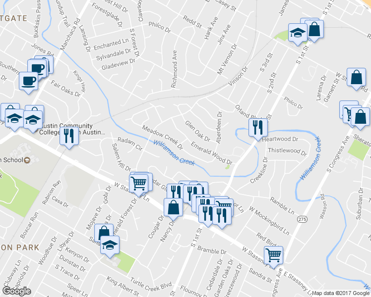 map of restaurants, bars, coffee shops, grocery stores, and more near 5134 Meadow Creek Drive in Austin
