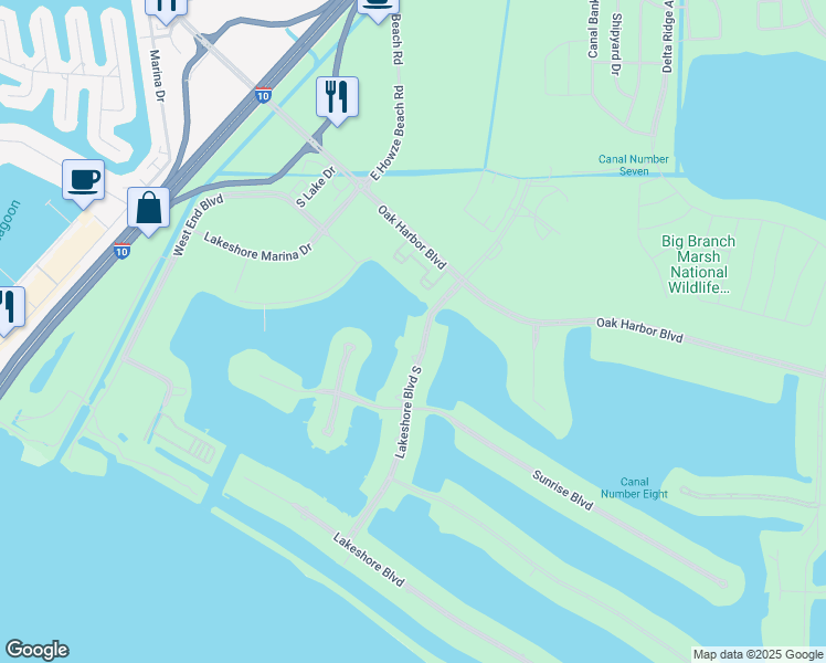 map of restaurants, bars, coffee shops, grocery stores, and more near 2103 Lakeshore Boulevard South in Slidell