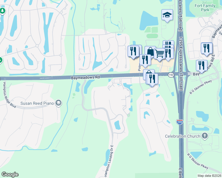 map of restaurants, bars, coffee shops, grocery stores, and more near 10550 Baymeadows Road in Jacksonville