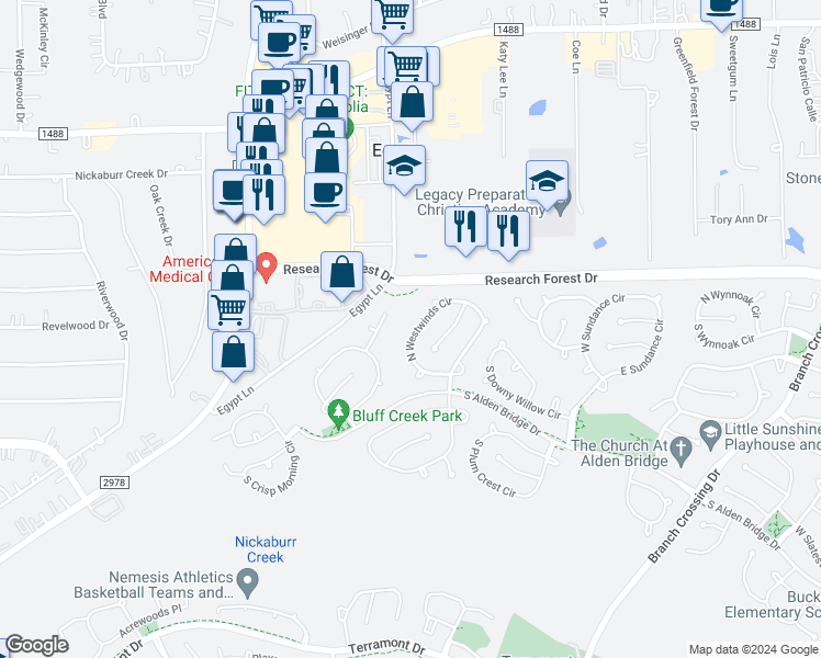 map of restaurants, bars, coffee shops, grocery stores, and more near 122 North Westwinds Circle in Spring