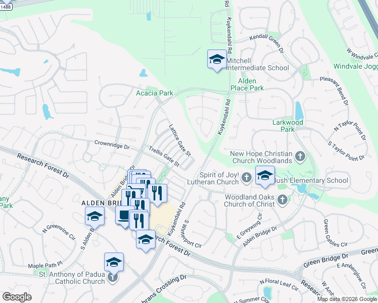 map of restaurants, bars, coffee shops, grocery stores, and more near 142 Lattice Gate Street in Spring