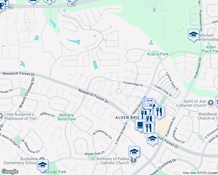 map of restaurants, bars, coffee shops, grocery stores, and more near 59 North Belfair Place in Spring