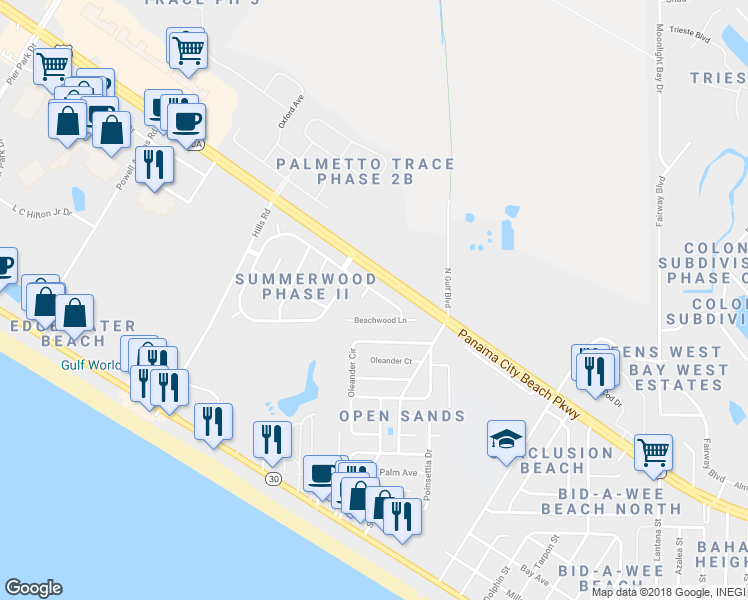map of restaurants, bars, coffee shops, grocery stores, and more near 113 Beachwood Drive in Panama City Beach