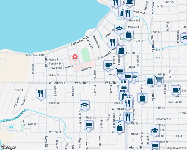 map of restaurants, bars, coffee shops, grocery stores, and more near 1819 Engleside Street in Lake Charles