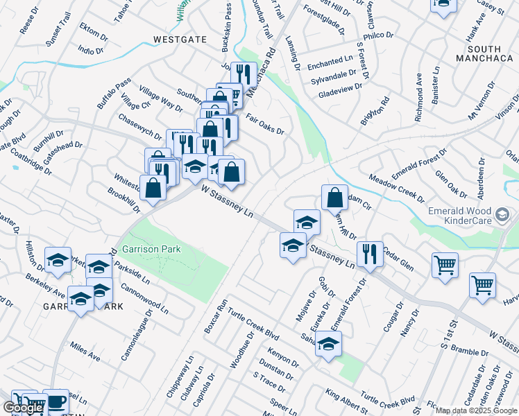 map of restaurants, bars, coffee shops, grocery stores, and more near 5502 Rose Hill Circle in Austin