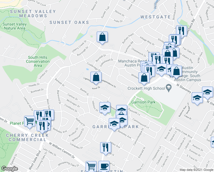map of restaurants, bars, coffee shops, grocery stores, and more near Stone Pass in Austin