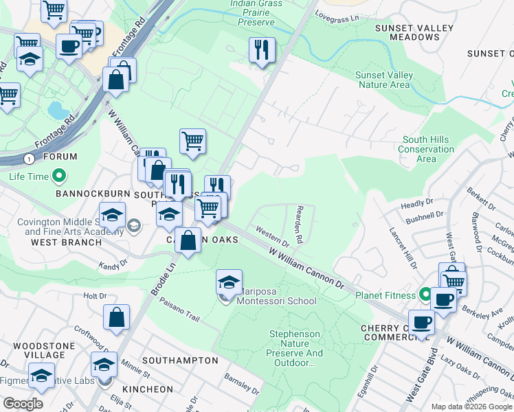 map of restaurants, bars, coffee shops, grocery stores, and more near 6804 Lost Valley in Austin