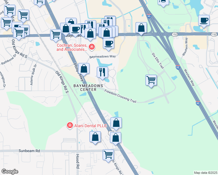 map of restaurants, bars, coffee shops, grocery stores, and more near 42 8335-2 Freedom Crossing Ap in Jacksonville