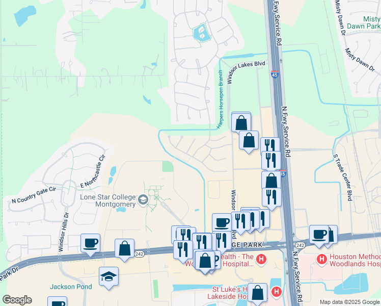 map of restaurants, bars, coffee shops, grocery stores, and more near 2 Abercrombie Place in The Woodlands