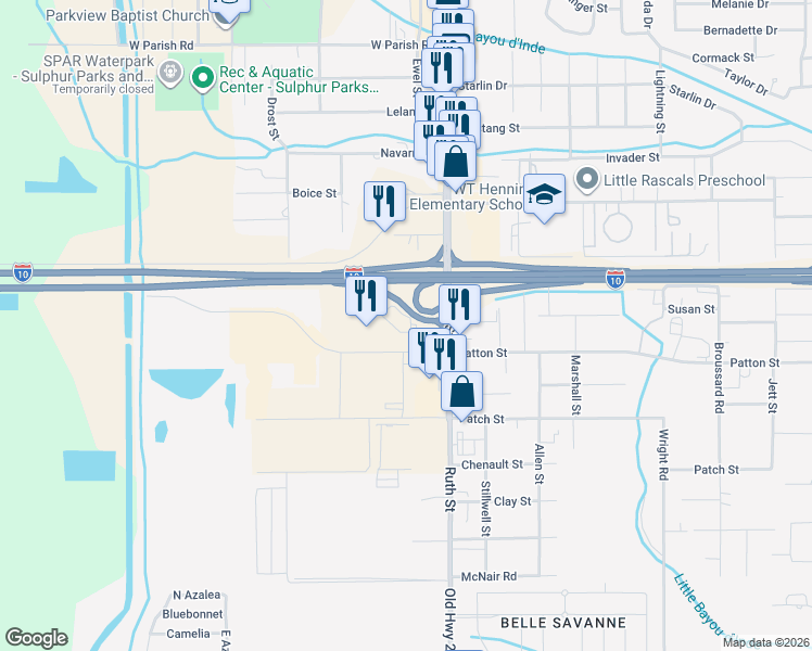 map of restaurants, bars, coffee shops, grocery stores, and more near 325 Arena Rd in Sulphur