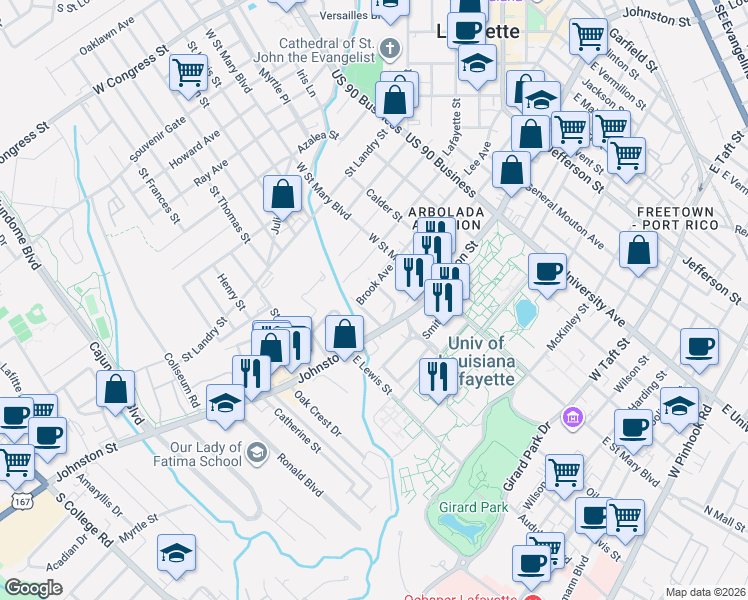map of restaurants, bars, coffee shops, grocery stores, and more near 504 Brook Avenue in Lafayette