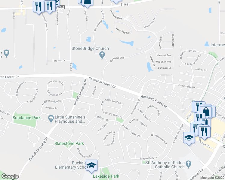 map of restaurants, bars, coffee shops, grocery stores, and more near 26 Egan Lake Place in Spring