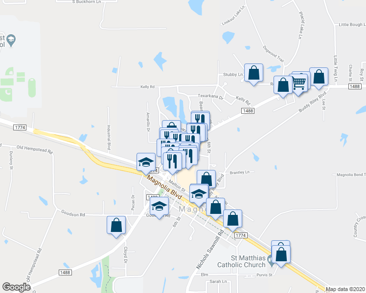 map of restaurants, bars, coffee shops, grocery stores, and more near 18544 Farm to Market Road 1488 in Magnolia